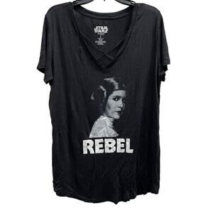 Star Wars women's black v-neck lattice Princess Leia Rebel T-shirt, size large
